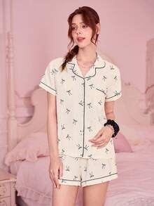 Bonmuse 2er Damen bequemer Mini-Pyjama-Set mit Polka-Dot-Schleifendruck, Kurzarm-Top mit Kragen und Knöpfen sowie Schleifen-Shorts, Sommer-Schlafanzug und Loungewear für den Sommer - Weiss - Übersicht 3