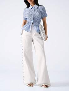 LYSMO Women's Light Blue Summer Elegant Tea Party Blouse,Minimalism Solid Color Front Button Ruffle Hem Short Sleeve Top For Vacation,Work,Beach & Holiday - Blue - View 1