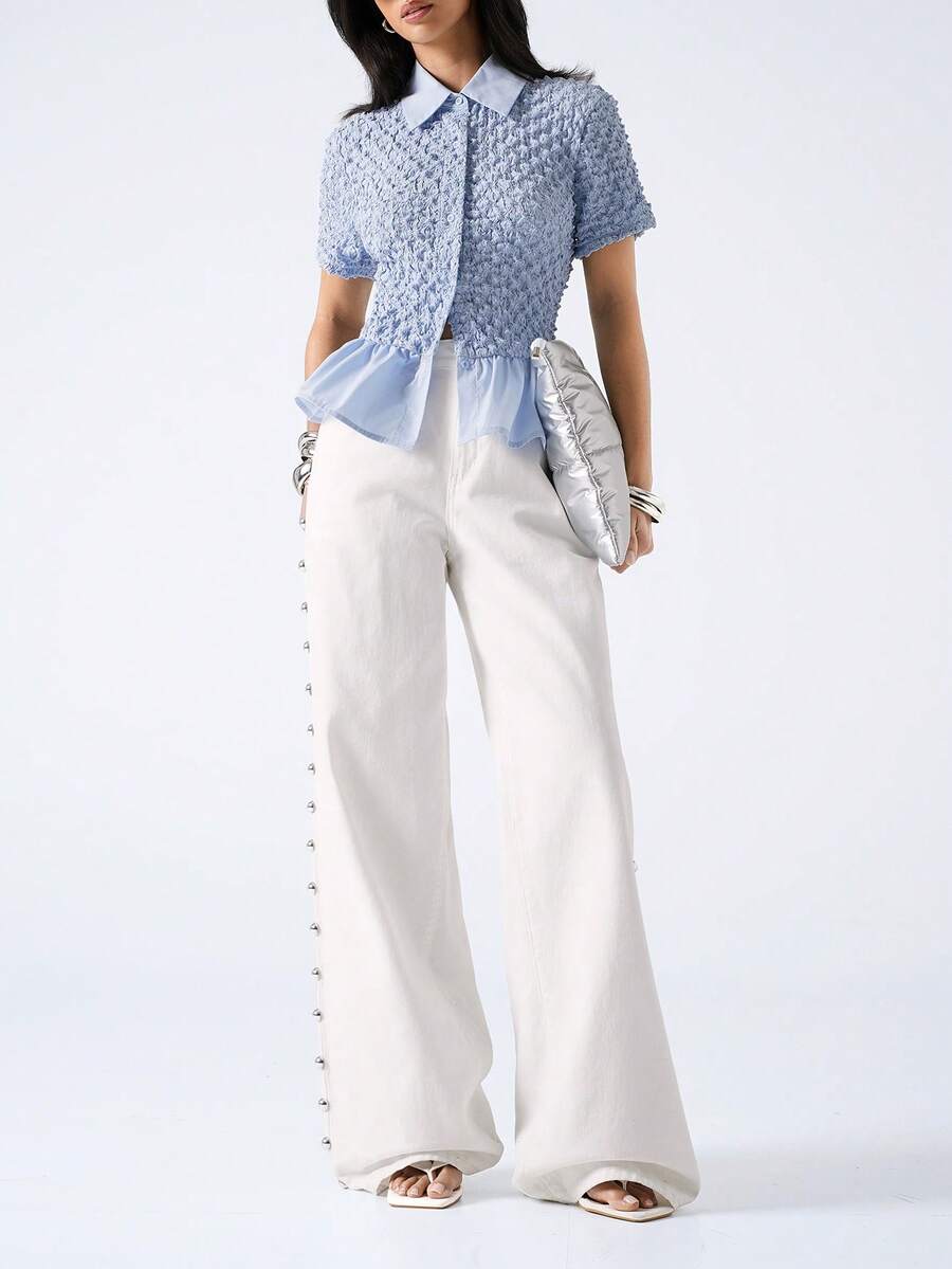 LYSMO Women's Light Blue Summer Elegant Tea Party Blouse,Minimalism Solid Color Front Button Ruffle Hem Short Sleeve Top For Vacation,Work,Beach & Holiday - Blue - View 1