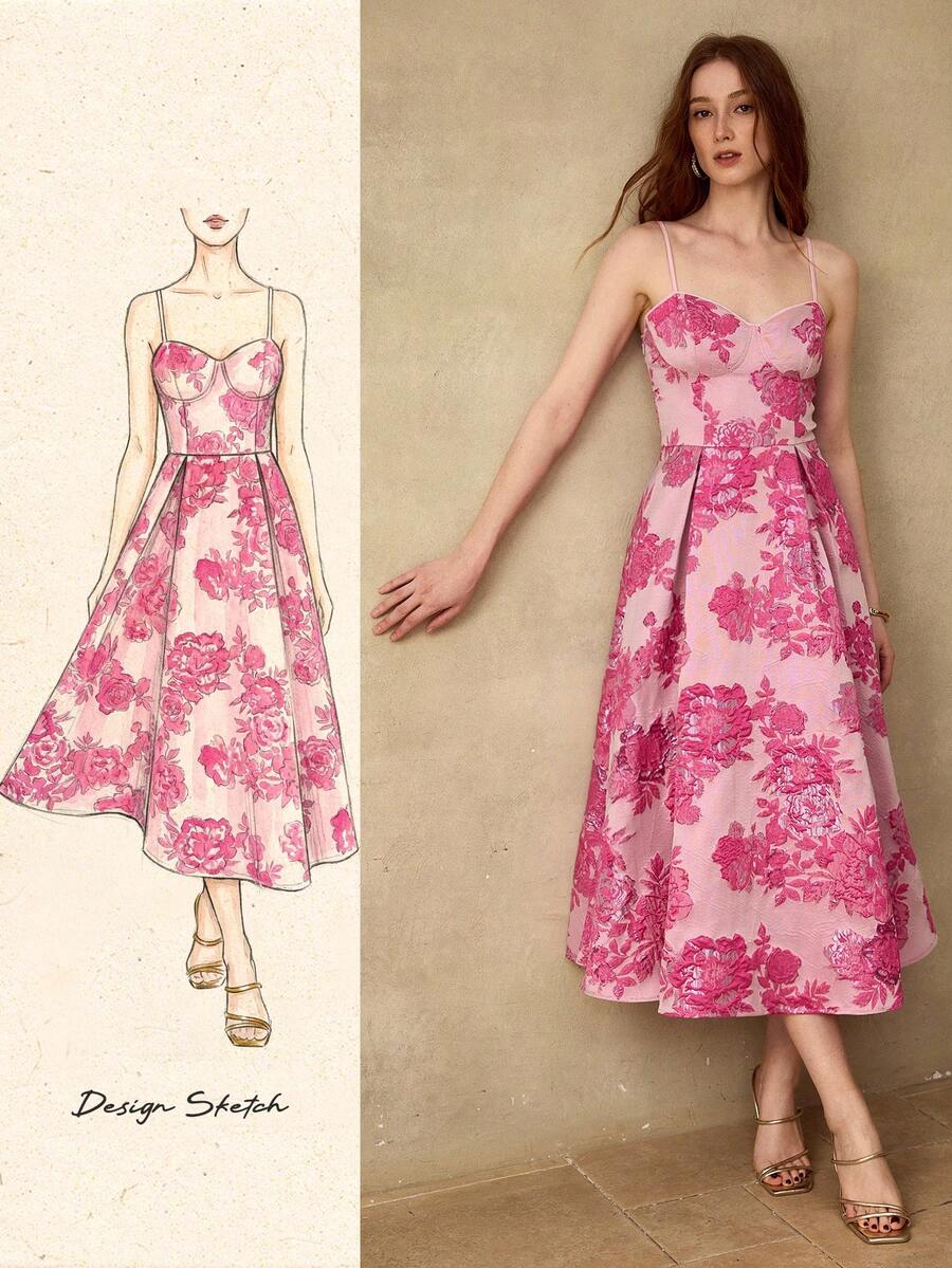 MOTF PREMIUM WOMEN'S JACQUARD WEAVE MIDI A-LINE SLIP DRESS, SUITABLE FOR OCCASIONS, DATES, SPRING/SUMMER - Hot Pink - View 2