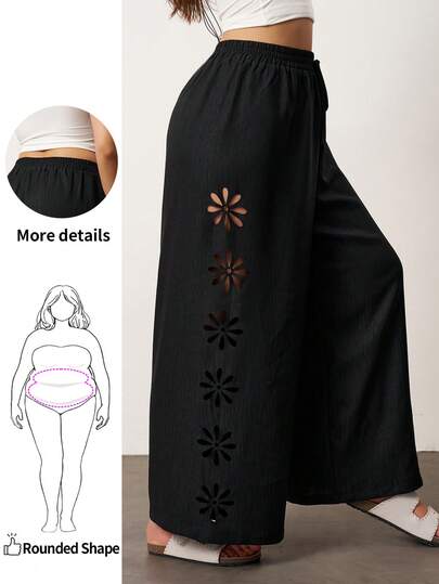 Enliva Calça Longa Casual Sólida com Recorte Vazado para Férias, Plus Size, Inverno Preto Casual Preto