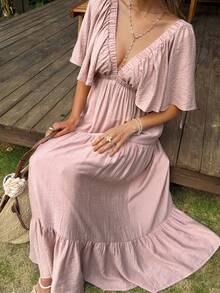 Livesso Đầm maxi tay cánh hoa màu trơn, dáng dài đến đầu gối, thắt eo, dành cho nữ. - Hồng - Xem 6