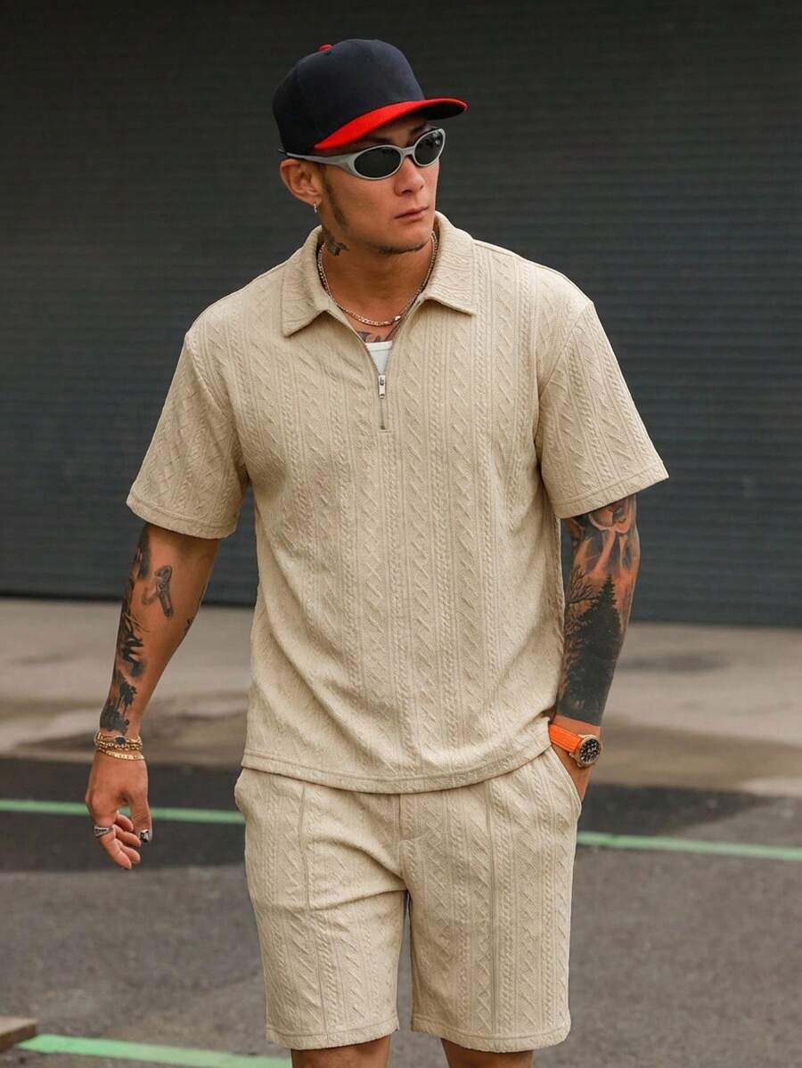 DAZY 男士杏色 Polo 衫和短裤套装，夏季 - 杏色 - 查看 1