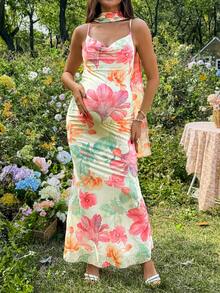 SHEIN 孕妇碎花垂褶修身夏季吊带连衣裙 - 彩色 - 查看 5