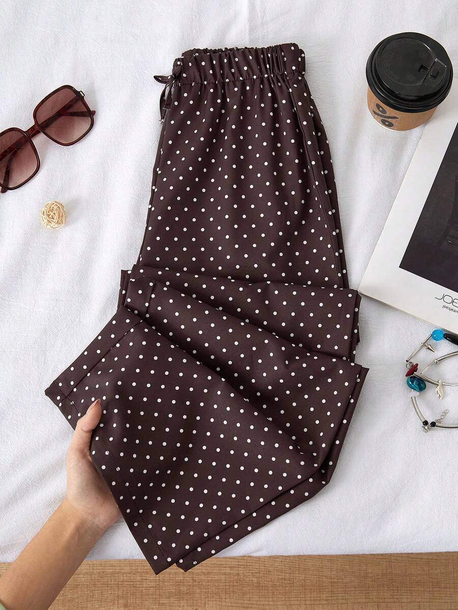SHEIN Quần chấm bi dáng rộng thoải mái cho bé gái tuổi teen, mềm mại và dễ chịu, đa năng cho trang phục mùa hè, kỳ nghỉ, du lịch, đi học và mặc hàng ngày. - Màu Khaki - Xem 1