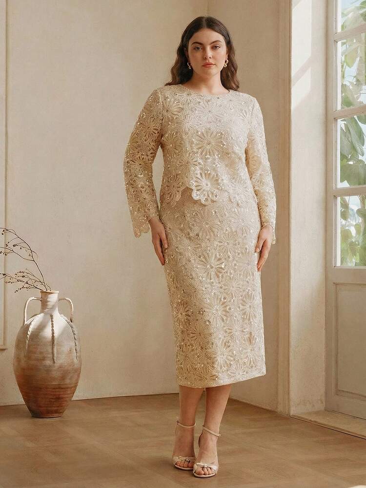 Early Spring New Arrival Unique Fashionable Crochet Sequin Romantic Hollow Out Cover Up + Midi Skirt Set, Plus Size