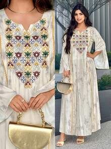 Al Najma 女士优雅度假风刺绣扎染印花喇叭袖宽松连衣裙，春秋季 - 卡其色 - 查看 1