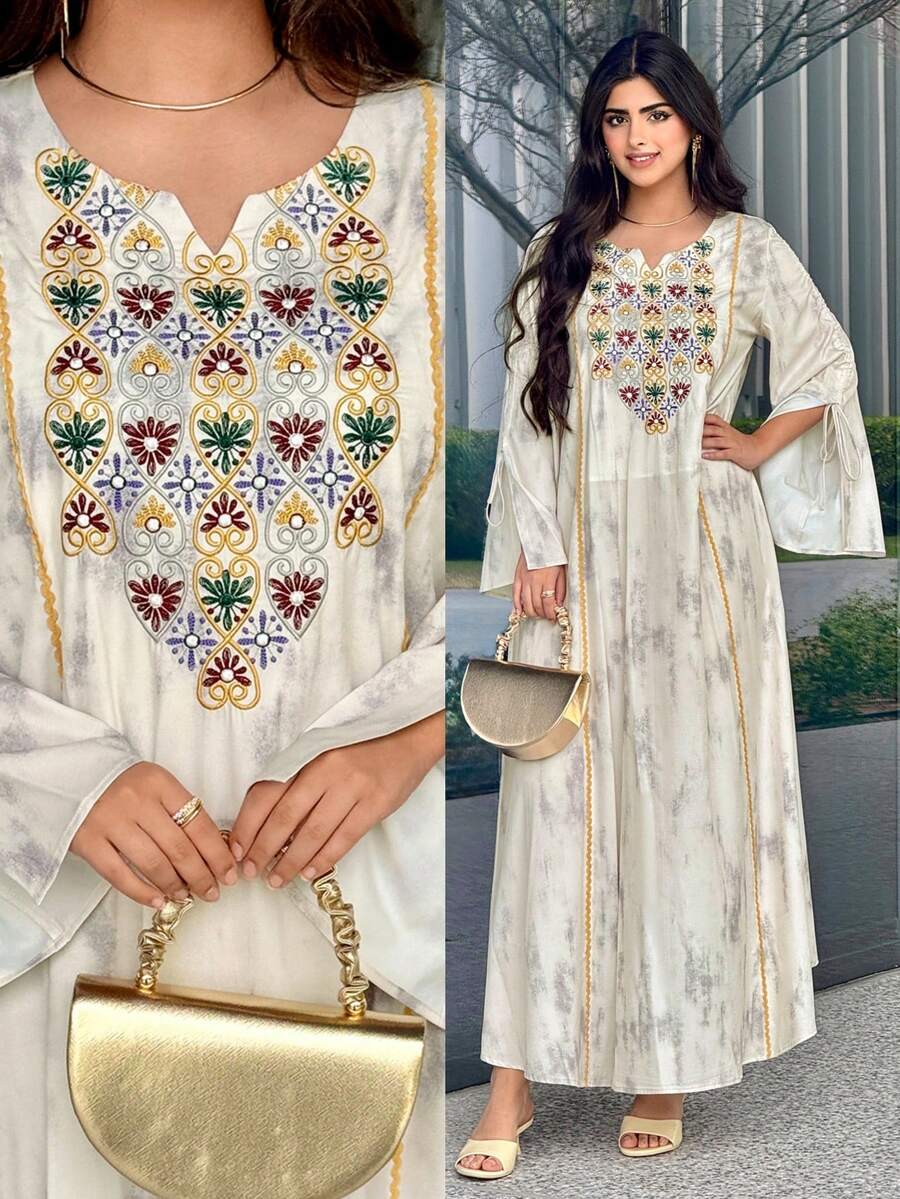 Al Najma 女士优雅度假风刺绣扎染印花喇叭袖宽松连衣裙，春秋季 - 卡其色 - 查看 1