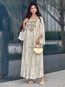 Al Najma 女士优雅度假风刺绣扎染印花喇叭袖宽松连衣裙，春秋季 - 卡其色 - 查看 8