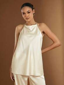 Hauture Women's Sexy Minimalist Solid Color Textured Backless Halter Top, Summer - Beige - View 2
