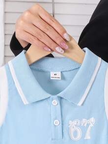 SHEIN 女童翻领修身无袖连衣裙，Polo领“67”数字蝴蝶结装饰百褶裙，休闲时尚优雅，适合派对、上学、运动等场合，夏季蓝色连衣裙 - 藍色 - 查看 3
