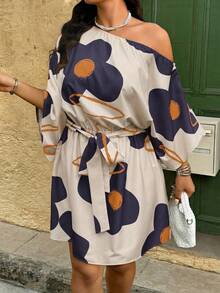 SHEIN LUNE Plus Size Women Floral Print Asymmetrical Shoulder Casual Vacation Dress - Multicolor - View 5