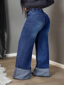 Slaydiva Plus Size Casual Solid Color Button Pocket Jeans - Dark Wash - View 4