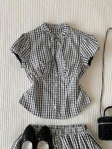 Comfortcana Women's Plaid Knot Design Button Casual Versatile Daily Wear Shirt - Black and White - View 7