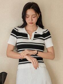 Dazy-Less Women's Striped Black & White Contrast Color Polo Collar Fitted Short Sleeve Sweater, Lightweight For Spring And Summer - Black and White - View 4
