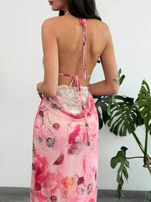 Aloruh 女士夏季度假连衣裙，浪漫花卉印花，性感露背蕾丝拼接长裙，波西米亚风海滩度假连衣裙，适合音乐节、派对等场合 - 粉色 - 查看 7