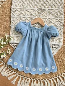 SHEIN Đầm ngắn tay in hoa thanh lịch cho bé gái, màu xanh dương - Màu xanh lam - Xem 2