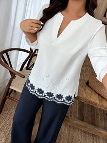 Louniche 女士撞色刺绣V领休闲套装，秋冬款 - 藍白色 - 查看 7