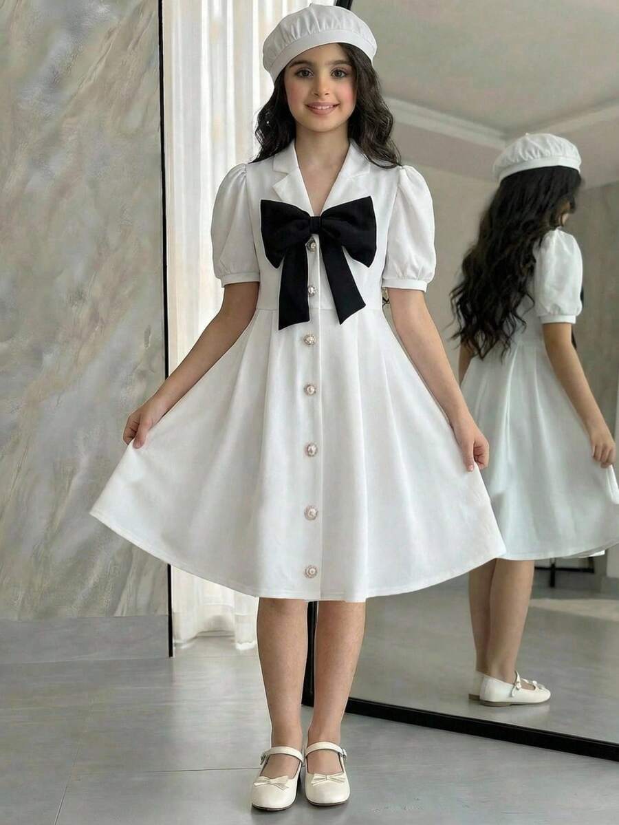 SHEIN 少女都市优雅翻领泡泡袖褶裥喇叭形纽扣连衣裙，撞色蝴蝶结装饰，春夏款 - 白色 - 查看 1
