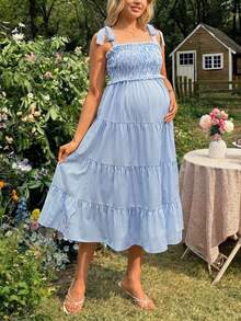 SHEIN Vestido largo de maternidad con cordones para atar - Azul - Ver 4