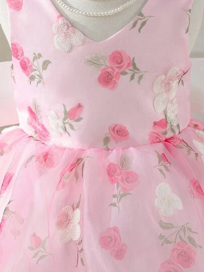 SHEIN Glamorique Kids Flower Girl Satin Bow Tie Dress, Party V-Neck Sleeveless Backless Dress, Baby Girl Princess Dress, Pink Floral Print Dress With 3D Embroidery, Birthday Party Wedding Holiday Dress