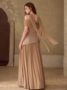 MOTF PREMIUM WOMEN'S ELEGANT OFF-SHOULDER LONG DRESS, SPRING/SUMMER - Khaki - View 3