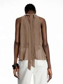 LYSMO Women's Solid Color Ruffle Neck Casual Versatile Daily Wear Top - Khaki - View 2