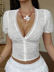 Livesso Women's Textured Embroidered V-Neck Contrast Lace Elegant Summer Blouse - White - View 4