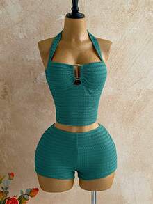 Soleia 秋冬度假卡其色纹理面料女士休闲两件套，金属吊带背心和休闲短裤，日常/度假/沙滩装 - 藍色 - 查看 5