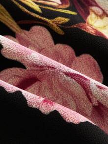 lacRébo 花卉图案修身短袖蕾丝细节女式衬衫，适合春夏度假海滩休闲时尚造型 - 黑色 - 查看 9