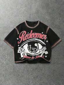 ROMWE MEN Street Life Camiseta de manga corta de corte holgado con hombros caídos y estampado a mano para hombre - Negro - Ver 1