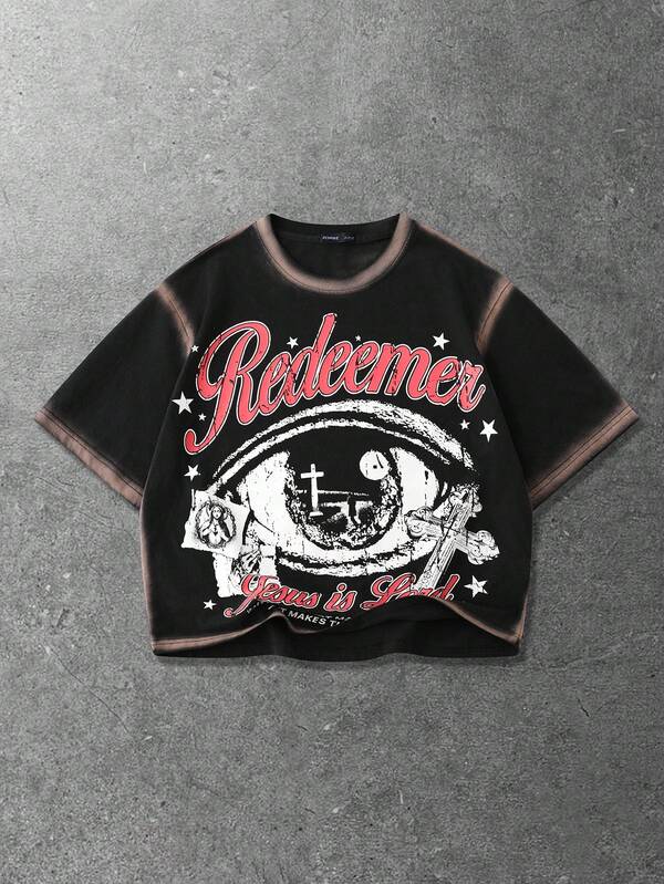 ROMWE MEN Street Life Camiseta de manga corta de corte holgado con hombros caídos y estampado a mano para hombre