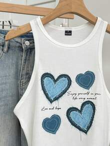 Tseoso Casual Simple Denim Heart Graphic Print Round Neck Slim Fit Women Tank Top, Suitable For Summer Retro Back To School - White - View 8