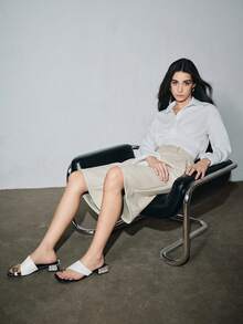 女士金属圆扣法式优雅粗跟拖鞋，露趾正装拖鞋 - 白色 - 查看 6