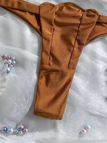 Swim Mod Đồ bơi hai mảnh gợi cảm màu trơn, họa tiết cánh hoa, cúp ngực cứng, dây đeo có thể tháo rời. - màu nâu - Xem 7