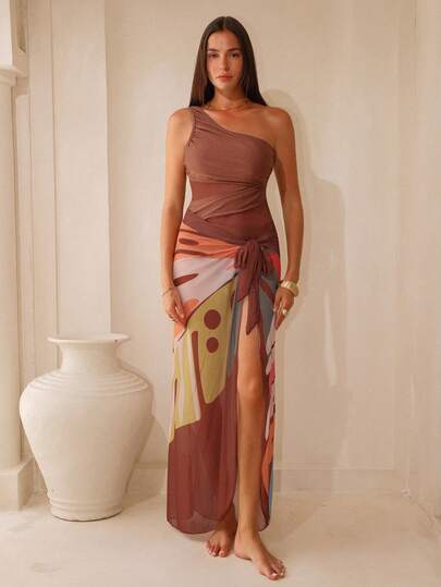 Swim Oasis Women Solid Color One Shoulder Front Mesh Splice Sheer Paneled Skirt Two Pieces Set