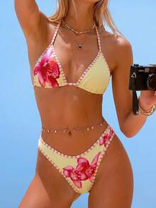 Swim Mod 2pcs/Set Teenage Girls Lily Flower Print Spaghetti Strap Triangle Bikini Top And V-Cut Bottoms - Multicolor - View 6