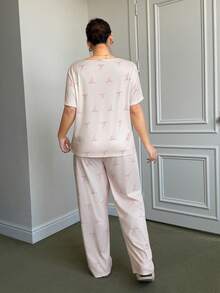 Napfluff CURVE Napfluff CURVE Plus Size Pajama Set, Knit Ribbed Fabric, Bow & Cherry Print, Short Sleeve Top And Long Pants, Cute & Sweet Casual Loungewear - Pink - View 3