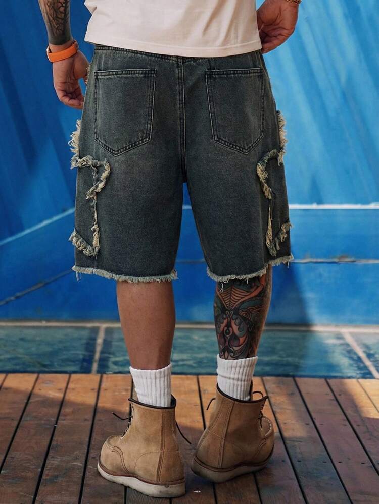 Summer Vintage Washed Five-Pointed Star Patchwork Casual Denim Shorts For Men