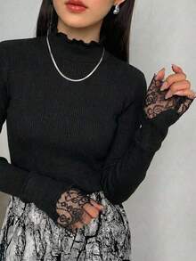 FRIFUL 女士优雅纯色撞色蕾丝长袖T恤 - 黑色 - 查看 5