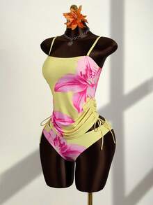 Zestiva 女士印花吊带泳衣套装，优雅度假休闲风 - 鵝黃色 - 查看 4