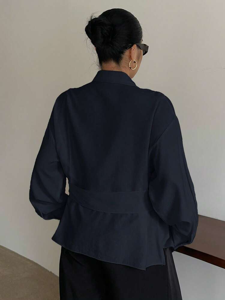 Dazy Plus Plus Size Women's White Long Sleeve Shirt With Turndown Collar, Half-Open Front, Drawstring Hem, Suitable For Spring And Autumn Summer