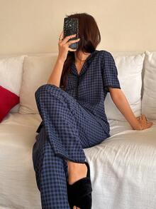 Napfluff Bộ đồ ngủ nữ tay ngắn và quần dài dệt sọc thêu họa tiết, kiểu Hàn Quốc, thích hợp mặc ở nhà hoặc mặc ngoài. - Màu xanh lam - Xem 6