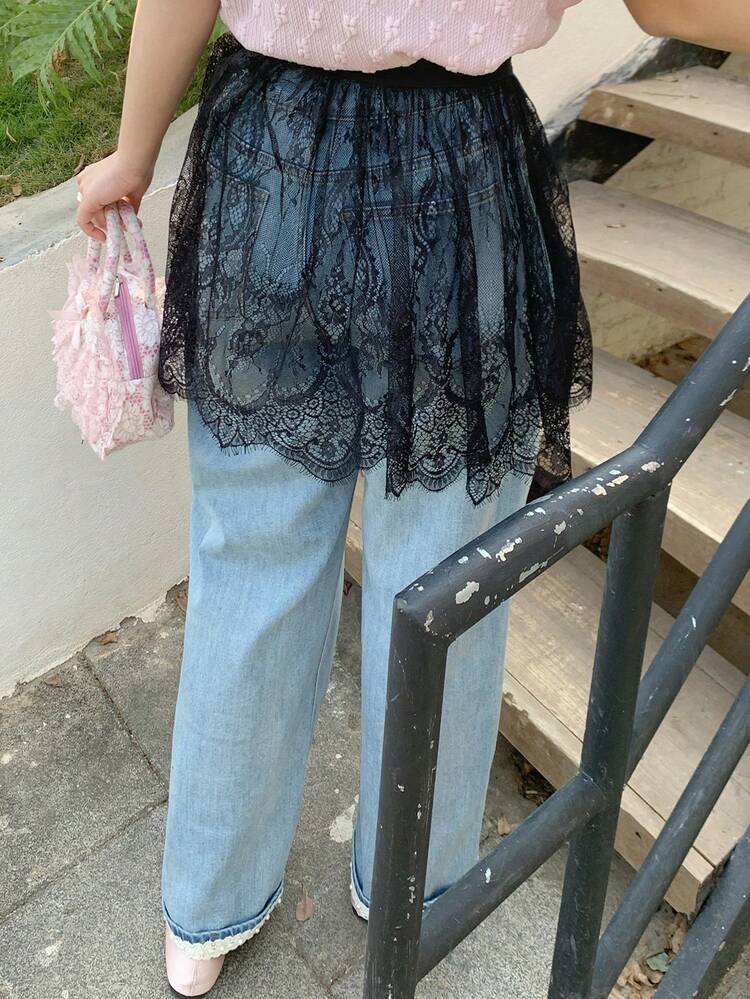 Dazy Plus Elastic Waist Lace Sheer Layered Mini Skirt, Versatile Black Casual Skirt For Girls Summer