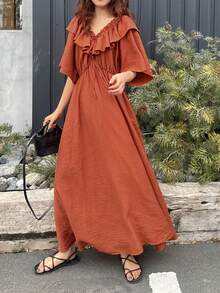 FRIFUL Women's Ruffle Collar Decor Waist Flared Hem Dress, Solid Color Vacation Style Sun Dresses For Women Summer - Orange - View 1