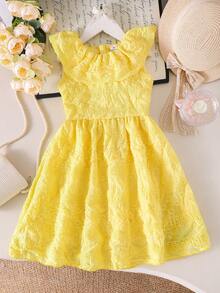 Elladie kids Youth Girl Yellow Sleeveless Flounce Sleeve Scoop Neck Flared Short A Line Dress For Casual Wear Young Girl Dresses Yellow Dress For Kids Girl Yellow Girls Dress Charming Kids Dresses - Yellow - View 3