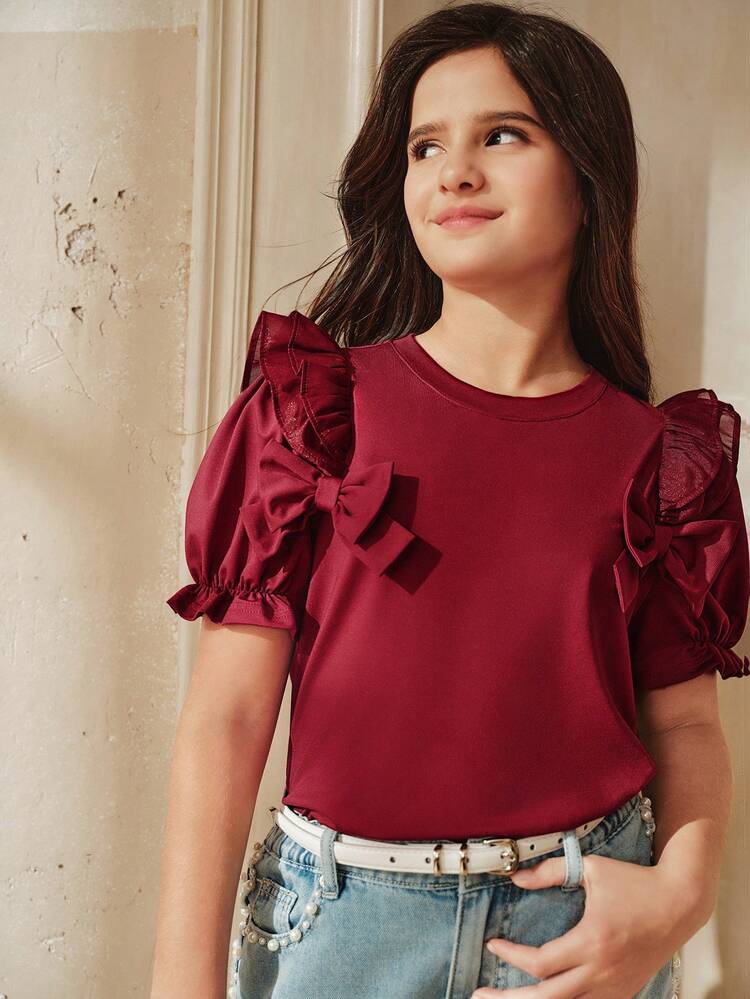 Spring New Wine Red T-Shirt, Fashionable Butterfly Sleeve, Half Sleeve Cap Sleeve, Middle & Large Tween Girl