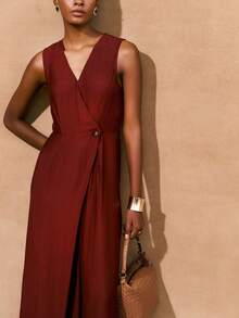 Zivah 2025 春季新品上市 复活节 生日派对 毕业季 日常出行 必备单品 休闲度假 街头时尚 极简通勤 V领 不对称设计 解构设计 隐藏式侧缝口袋 连体裤 - 鏽棕色 - 查看 6