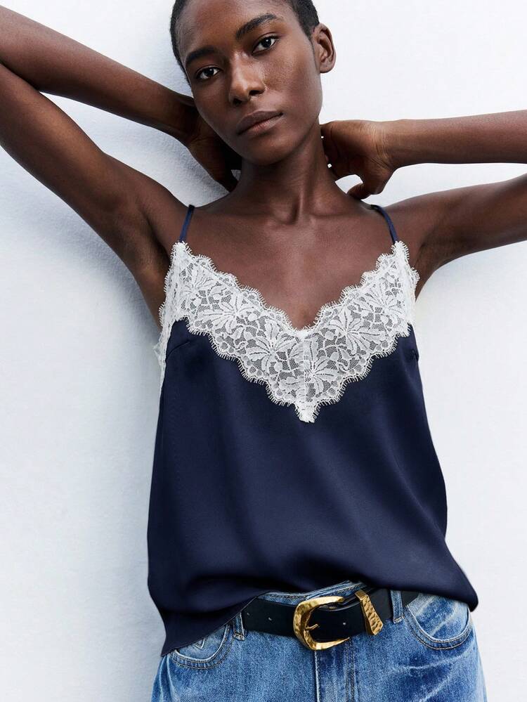 SHEIN Maija Women's Navy Blue Contrast Lace Top, Elegant Romantic Fashionable Comfortable Loose V-Neck Adjustable Spaghetti Strap Summer Vacation Business Casual Top St Patrick's Day Women Easter Summer Easter Women Party Top Beach Summer Holiday Each Vacation For Women Summer For Women Going Out Graduation Graduation Casual Casual Blouses For Women Wedding Guest, Party, Summer High-End, Elegant, Old-Fashioned Cruise Attire