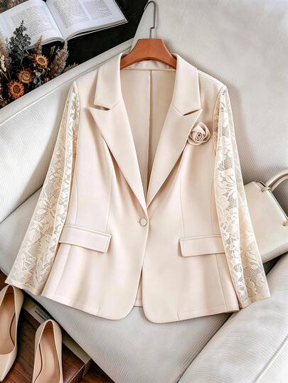 Modelyn Lace Patchwork 3D Floral Decor Beige Commuter Jacket, Elegant Gentle Mature Style Versatile Plus Size Women